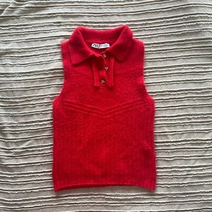 Fuzzy Red Collared Top with Crystal Buttons